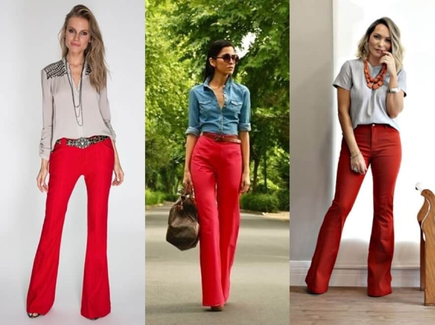 calça jeans flare vermelha