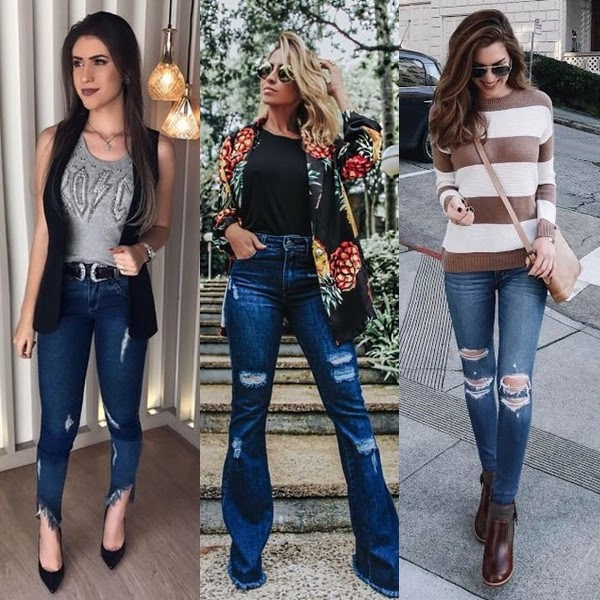 Como usar calça jeans rasgada  Looks, Looks estilosos, Looks casuais  femininos